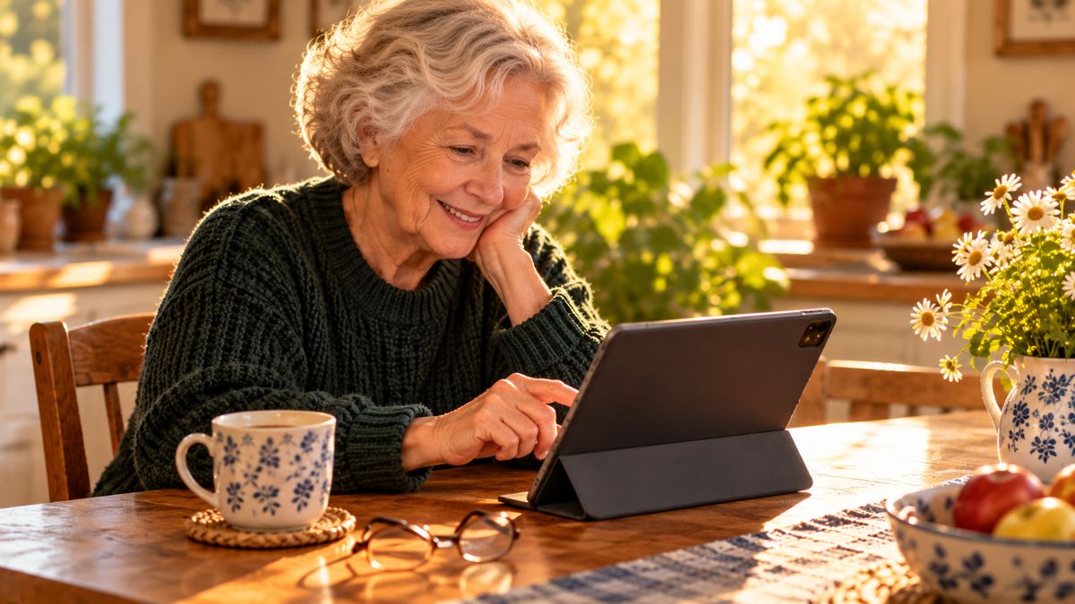 A smiling older woman using a tablet on a stand at her kitchen table, with a tea cup and reading glasses nearby