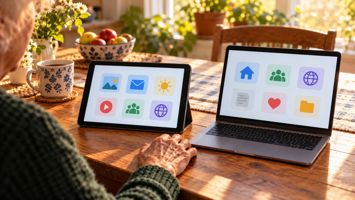 A tablet and a laptop side by side on a kitchen table, with an older person's hand resting between them