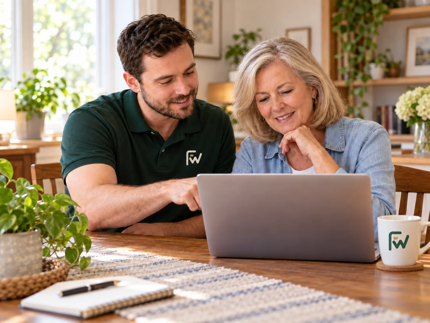 Faza Works helper guiding an older woman through using a laptop at her kitchen table