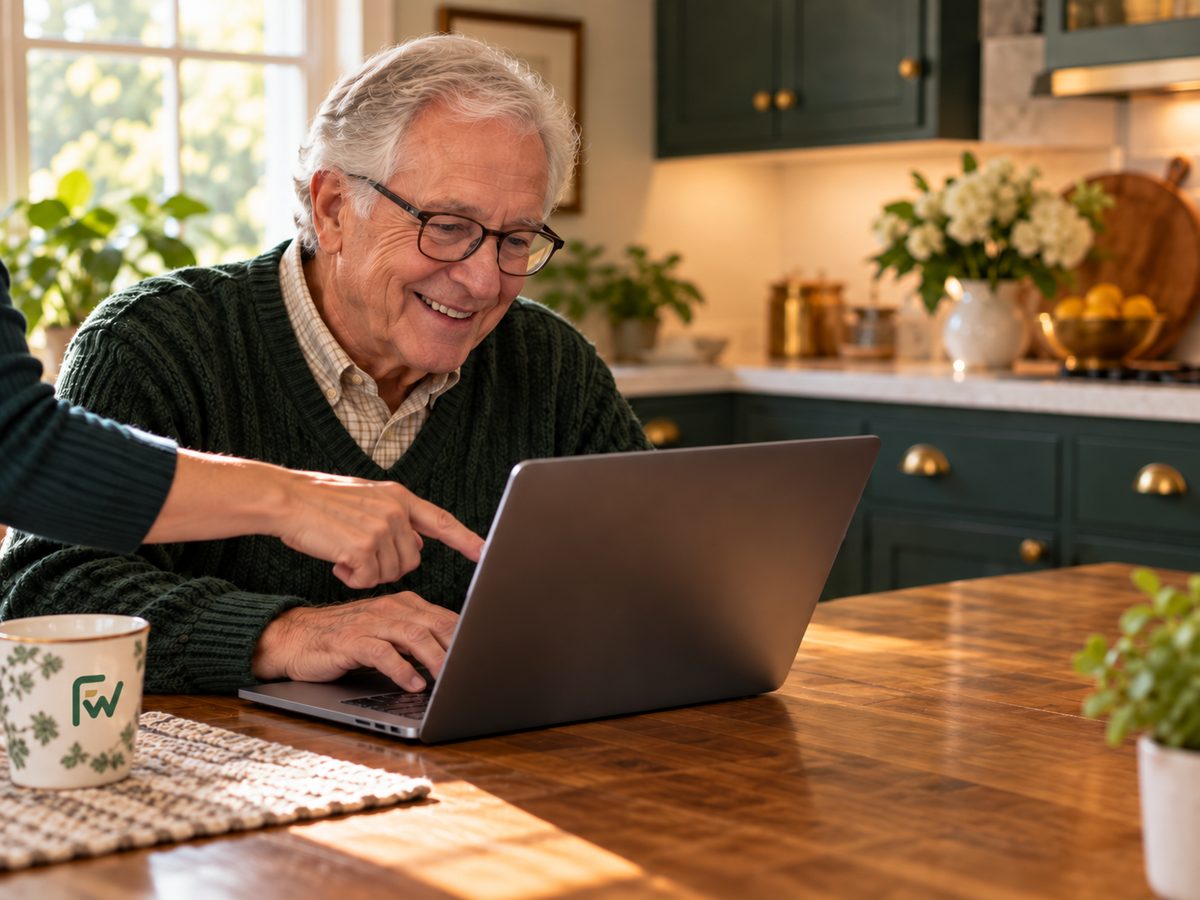 Smiling older man trying his new laptop at the kitchen table