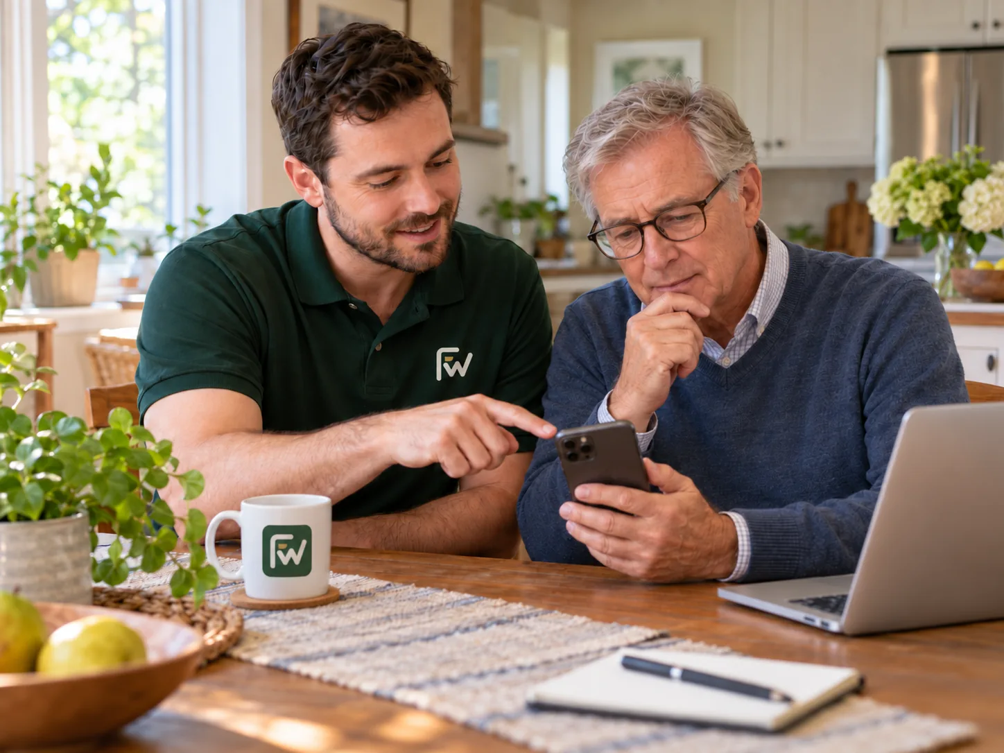 Faza Works helper and an older man looking at a smartphone beside a laptop at a kitchen table