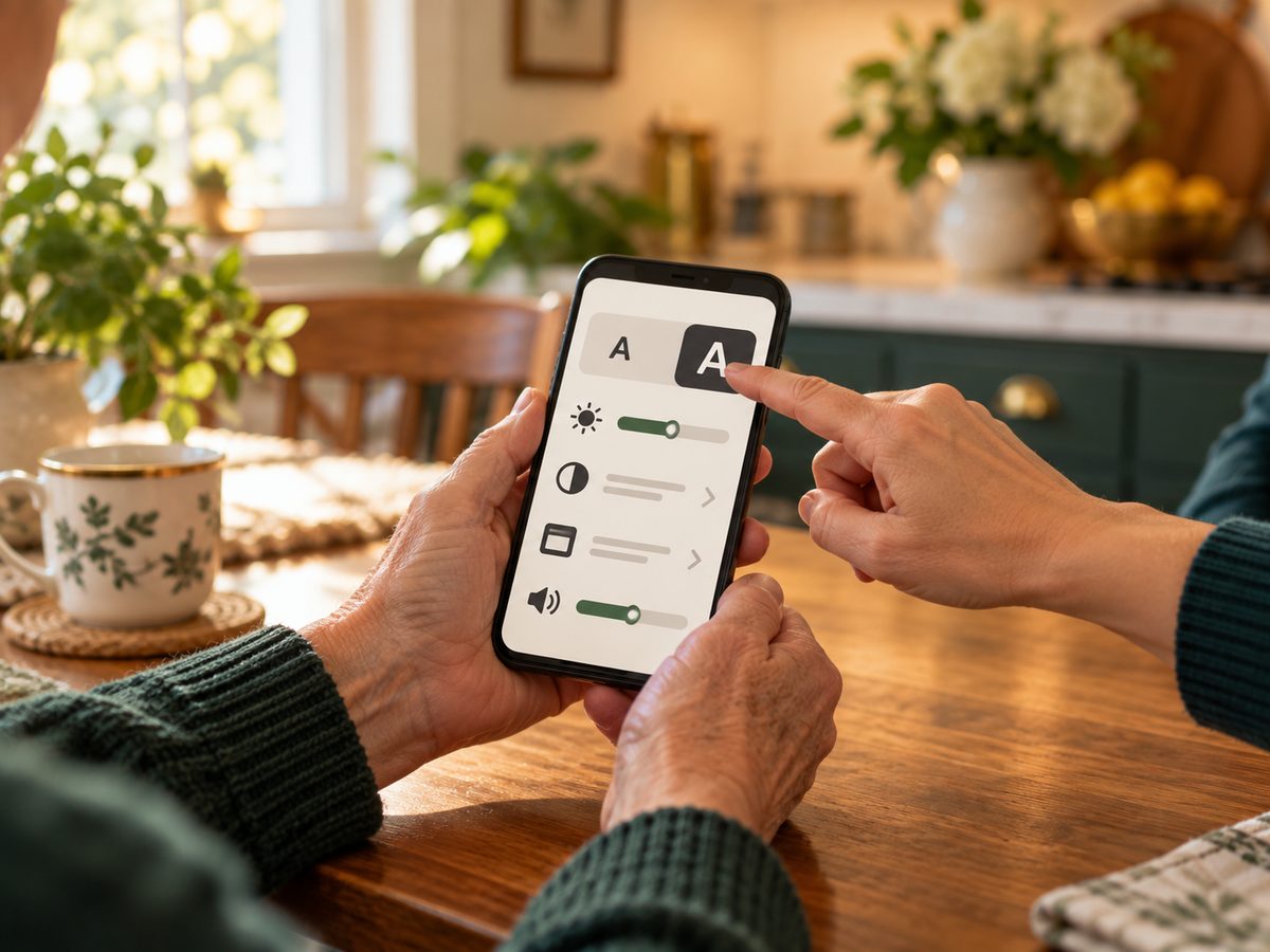 Helper pointing to the text-size setting on a senior's phone